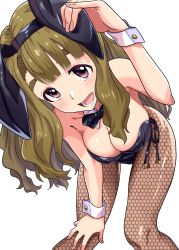 Rule 34 | 1girl, animal ears, black bow, black bowtie, black leotard, blunt bangs, bow, bowtie, breasts, brown eyes, brown hair, cleavage, commentary request, detached collar, fake animal ears, fishnet pantyhose, fishnets, highres, idolmaster, idolmaster million live!, leaning forward, leotard, long hair, looking at viewer, medium breasts, miyao miya, open mouth, pantyhose, playboy bunny, rabbit ears, rabbit tail, run p (aveton), simple background, solo, standing, strapless, strapless leotard, tail, thick eyebrows, unmoving pattern, white background, wrist cuffs