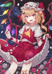 Rule 34 | 1girl, :d, ascot, bandaged leg, bandages, bandaid, bandaid on knee, bandaid on leg, black bow, blonde hair, bow, clothes lift, cloud, cloudy sky, crossed bandaids, crystal, dutch angle, eyeball, fangs, flandre scarlet, flat chest, flower, frilled shirt collar, frills, from below, hair bow, hair ornament, hat, hat bow, highres, lifted by self, light blush, looking at viewer, medium hair, mob cap, nail polish, night, night sky, nokoki (motioko5), one side up, open mouth, petals, petticoat, puffy short sleeves, puffy sleeves, red bow, red eyes, red flower, red nails, red ribbon, red rose, red skirt, red vest, ribbon, rose, short sleeves, skirt, skirt lift, sky, smile, solo, sparkle, standing, touhou, vest, white bow, white flower, white hat, white rose, wings, wrist cuffs, x hair ornament, yellow ascot