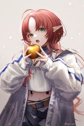 Rule 34 | 1girl, absurdres, ahoge, apple, arknights, belt, coat, commentary, crop top, food, fruit, green eyes, grey background, head tilt, highres, holding, holding food, holding fruit, long hair, long sleeves, looking at viewer, midriff, mihaia, myrtle (arknights), navel, open clothes, open coat, open mouth, pointy ears, red hair, simple background, solo, tank top, upper body, very long hair, white coat, white tank top