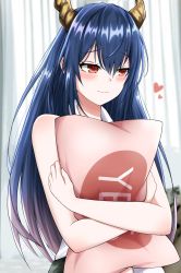 Rule 34 | 1girl, alternate hair length, alternate hairstyle, arknights, bare arms, bare shoulders, blue hair, blush, ch&#039;en (arknights), chain&#039;s, commentary, dragon horns, gradient hair, hair between eyes, heart, highres, holding, holding pillow, horns, long hair, multicolored hair, hugging object, pillow, pillow hug, purple hair, red eyes, solo, upper body