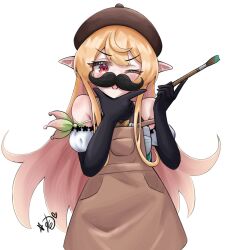 Rule 34 | 1girl, apron, bare shoulders, beret, blonde hair, blush, commentary, detached sleeves, english commentary, fake facial hair, fake mustache, hat, highres, holding, holding paintbrush, long hair, looking at viewer, lyriasshin, nijisanji, nijisanji en, one eye closed, paintbrush, pomu rainpuff, red eyes, signature, simple background, solo, strap slip, virtual youtuber, white background