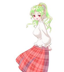 Rule 34 | 1girl, adapted costume, alternate hairstyle, arms behind back, breasts, commentary request, green hair, hair ornament, hair scrunchie, high ponytail, kazami yuuka, large breasts, long hair, long sleeves, open mouth, parted bangs, plaid, plaid skirt, red eyes, red skirt, s-a-murai, scrunchie, skirt, smile, solo, sweater, touhou, white background, white sweater, wide ponytail