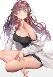 Rule 34 | 1girl, ahoge, ameyame, barefoot, between toes, black tank top, blue eyes, blush, breasts, brown hair, cleavage, coat, collarbone, eyelashes, feet, hand on own thigh, hand on thigh, highres, holding with feet, ichinose shiki, idolmaster, idolmaster cinderella girls, indian style, lab coat, legs, long hair, looking up, medium breasts, off shoulder, open clothes, open coat, pen, simple background, sitting, smile, solo, tank top, thighs, toe hold, toes, wavy hair, white background