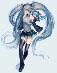 Rule 34 | 1girl, aqua eyes, aqua hair, aqua necktie, bare shoulders, black thighhighs, boots, detached sleeves, full body, hachune miku, hatsune miku, keshi, long hair, necktie, o o, open mouth, simple background, skirt, sleeveless, smile, solo, thigh boots, thighhighs, twintails, very long hair, vocaloid, zettai ryouiki