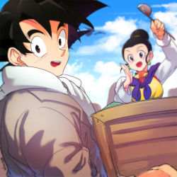Rule 34 | 1boy, 1girl, :d, beige jacket, black eyes, black hair, blue sky, blurry, blurry background, box, breasts, chi-chi (dragon ball), chinese clothes, close-up, cloud, cloudy sky, couple, day, dragon ball, dragon ball super, earrings, eyelashes, grey neckerchief, hair bun, hand up, high collar, holding, holding box, holding ladle, husband and wife, jacket, jewelry, ladle, light smile, long sleeves, looking at viewer, looking to the side, medium breasts, neckerchief, ommmyoh, open mouth, outdoors, purple neckerchief, shaded face, single hair bun, sky, smile, son goku, spiked hair, tareme, teeth, twitter username, upper body, upper teeth only