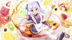 Rule 34 | 1boy, apron, blush, brown eyes, dress, fang, food, fruit, highres, inuyama tamaki, long hair, looking at viewer, male focus, noripro, open mouth, purple hair, solo, sumisaki yuzuna, thighhighs, trap, twintails, virtual youtuber, white apron, wrist cuffs