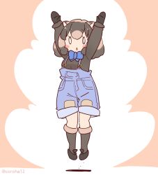 Rule 34 | 1girl, animal ears, arms up, black hair, bow, bowtie, brown hair, common wombat (kemono friends), coroha, extra ears, full body, gloves, jumping, kemono friends, kemono friends 3, looking at viewer, multicolored hair, overalls, pink background, shirt, shoes, short hair, simple background, socks, solo, two-tone hair