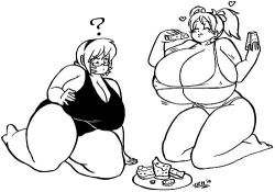 Rule 34 | 2girls, ?, borrowed character, breasts, cow girl, emerald (sprite37), fat, food, fruit, gigantic breasts, heart, horns, lowres, motion lines, multiple girls, original, simple background, sprite37, sukimi, thick thighs, thighs, watermelon, white background