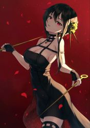 Rule 34 | 1girl, absurdres, bare shoulders, black choker, black dress, black gloves, black thighhighs, breasts, choker, cowboy shot, dagger, dress, dual wielding, falling petals, fingerless gloves, floral print, flower, from side, gloves, hair flower, hair ornament, head tilt, highres, holding, holding dagger, holding knife, holding weapon, knife, large breasts, long hair, off-shoulder dress, off shoulder, parted lips, pendant choker, petals, red background, red eyes, rose, rose petals, rose print, sarika, sidelocks, smile, solo, spikes, spy x family, stiletto (weapon), thighhighs, two-sided dress, two-sided fabric, weapon, yor briar, zettai ryouiki