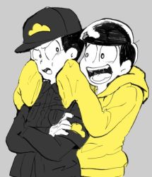 Rule 34 | 10s, 2boys, armband, bad id, bad twitter id, black hair, bowl cut, cheek squash, crossed arms, dual persona, grey background, hood, hoodie, looking at another, male focus, matsuno jyushimatsu, multiple boys, open mouth, osomatsu-kun, osomatsu-san, osomatsu (series), simple background, sleeves past wrists, smile, spot color, uniform, uoya, upper body