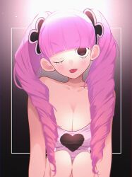 Rule 34 | 1girl, bare shoulders, black eyes, breasts, cleavage, collarbone, drill hair, gao (95 wanipani), hair ornament, highres, large breasts, long hair, looking at viewer, no pupils, one eye closed, one piece, perona, pink hair, pink tank top, solo, tank top, tongue, tongue out, twin drills, twintails, upper body