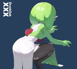 Rule 34 | 1girl, artist name, ass, back, black pantyhose, blue background, bob cut, breasts, colored skin, creatures (company), drunkoak, female focus, from behind, game freak, gardevoir, gen 3 pokemon, green hair, green skin, hand up, leaning forward, medium breasts, multicolored skin, nintendo, pantyhose, pokemon, pokemon (creature), shiny clothes, shiny skin, short hair, simple background, single leg pantyhose, solo, squatting, two-tone skin, watermark, white skin