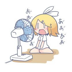 Rule 34 | 0 0, 1girl, barefoot, blonde hair, blush, bottomless, breasts, chibi, electric fan, female focus, full body, hair ornament, hair ribbon, hairclip, japanese text, kagamine rin, knees together feet apart, ooyama bokuchi, open mouth, ribbon, shirt, short hair, short sleeves, simple background, sitting, small breasts, solo, swept bangs, translation request, vocaloid, wariza, white background, white ribbon, white shirt