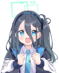 Rule 34 | 1girl, aqua halo, aris (blue archive), black hair, blue archive, blue eyes, blue hairband, blue necktie, blush, clenched hands, collared shirt, commentary request, hair between eyes, hairband, halo, jacket, karon (karon cha), long bangs, long hair, long sleeves, looking at viewer, necktie, open clothes, open jacket, open mouth, rectangular halo, ringed eyes, shirt, side ponytail, simple background, solo, straight-on, upper body, white background, white shirt