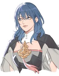 Rule 34 | 1girl, absurdres, armor, black armor, blue eyes, blue hair, byleth (female) (fire emblem), byleth (fire emblem), closed mouth, commentary request, cropped torso, fire emblem, fire emblem: three houses, hair between eyes, highres, lips, long hair, nintendo, pink lips, simple background, smile, solo, toho10min, white background