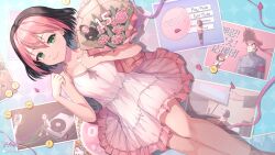 Rule 34 | 1boy, 1girl, alternate costume, annoying dog, artist name, black hair, bouquet, breasts, chibi, closed mouth, coin, collarbone, copyright notice, cropped legs, dreamxiety, dress, dutch angle, eyelashes, flower, frilled dress, frills, green eyes, hand on own chest, hand up, highres, holding, holding bouquet, ippongi ryuuta, knees, light blush, looking at viewer, lying, medium breasts, monitor, multicolored hair, on back, osu!, osu! tatakae! ouendan, photo (object), pink dress, pink hair, pippi (osu!), pixel art, pointing, r/place, reddit, short hair, sleeveless, sleeveless dress, smile, solo, twitter username, undertale