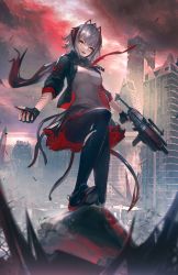 Rule 34 | 1girl, :d, absurdres, antenna hair, arknights, black footwear, black gloves, black jacket, black pantyhose, black scarf, breasts, building, city, cloud, cloudy sky, demon girl, demon horns, demon tail, detonator, fingerless gloves, full body, gloves, grey shirt, gun, highres, holding, holding gun, holding weapon, horns, jacket, looking at viewer, medium breasts, miaosu, miniskirt, multicolored hair, nail polish, open clothes, open jacket, open mouth, outdoors, pantyhose, red eyes, red hair, red nails, red sky, ruins, scar, scar on arm, scarf, shirt, short hair, signature, silver hair, skirt, sky, smile, solo, standing, tail, torn clothes, torn pantyhose, two-tone hair, w (arknights), weapon