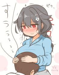 Rule 34 | 1boy, 1girl, black hair, blue sweater, braid, breast smother, breasts, commentary request, curse (023), face to breasts, hair flaps, hair ornament, hairclip, jingei (kancolle), kantai collection, large breasts, long hair, low ponytail, official alternate costume, red eyes, single braid, sweater, upper body, white background