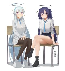 Rule 34 | 2girls, ?, absurdres, black pantyhose, black skirt, blue archive, blush, chair, crossed legs, full body, grey hair, halo, headgear, highres, lanyard, long hair, looking at viewer, miniskirt, mm (mhm2592), multiple girls, noa (blue archive), pantyhose, purple eyes, purple hair, school chair, school uniform, shirt, shirt tucked in, simple background, sitting, skirt, sparkle, spoken question mark, straight hair, two side up, very long hair, white background, white shirt, white skirt, yuuka (blue archive)