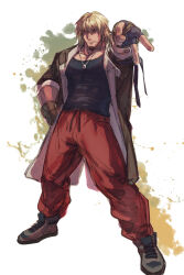 Rule 34 | 1boy, bara, black tank top, blonde hair, coat, facial hair, full body, goatee, highres, ken masters, male focus, mature male, muscular, muscular male, official alternate costume, parody request, pectoral cleavage, pectorals, shoes, short hair, sneakers, solo, standing, street fighter, street fighter 6, stubble, tank top, thick eyebrows, v, yuiofire