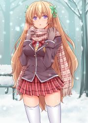 Rule 34 | 1girl, amane hasuhito, bad id, bad pixiv id, bench, blazer, blonde hair, bow, commentary request, gloves, grey gloves, hair ornament, jacket, long hair, long sleeves, looking at viewer, open clothes, open vest, original, plaid, plaid scarf, plaid skirt, pleated skirt, purple eyes, scarf, scarf grab, school uniform, shirt, skirt, snow, snowing, solo, thighhighs, tree, very long hair, vest, white thighhighs, winter, zettai ryouiki