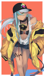 Rule 34 | 1girl, baseball cap, blue hair, breasts, choker, cleavage, dark-skinned female, dark skin, disembodied limb, earrings, green eyes, hat, highres, isla (kof), jacket, jewelry, kamatpit, leg tattoo, light blue hair, long hair, looking at viewer, mask, mask around neck, multicolored hair, oversized clothes, ponytail, respirator, solo, tattoo, the king of fighters, the king of fighters xv
