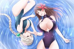 Rule 34 | 10s, 2girls, amagi (kancolle), blonde hair, braid, breasts, brown eyes, brown hair, covered erect nipples, flower, front zipper swimsuit, hair flower, hair ornament, huge breasts, kantai collection, long hair, lying, meme attire, multiple girls, on back, on side, one-piece swimsuit, rotational symmetry, shiroshimu, single braid, swimsuit, unryuu (kancolle), water, zipper