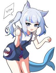 Rule 34 | 1girl, :d, animal ears, blue dress, blue eyes, cat ears, dress, fins, fish tail, gawr gura, gawr gura (casual), hagoonha, highres, hololive, hololive english, looking at viewer, open mouth, paw pose, pinafore dress, shark girl, shark tail, shirt, side ponytail, simple background, sleeveless, sleeveless dress, smile, solo, tail, virtual youtuber, white background, white hair, white shirt
