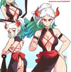 Rule 34 | 1girl, black dress, blue hair, breasts, cleavage, club (weapon), dashi (dashiart), dress, earrings, glaring, green hair, highres, horns, jewelry, large breasts, multicolored hair, multicolored horns, multiple views, one piece, simple background, weapon, white hair, yamato (one piece)