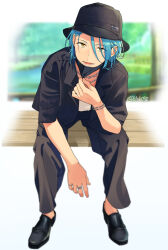 Rule 34 | 1boy, :d, artist name, bishounen, black cardigan, black footwear, black hat, black mask, black pants, blue hair, blurry, border, bracelet, bucket hat, cardigan, depth of field, elbow on knee, elbow rest, ensemble stars!, fading border, hair between eyes, hand up, hat, highres, himeru (ensemble stars!), jewelry, kaneko (05244256), lapels, leaning forward, light smile, loafers, looking at viewer, lower teeth only, male focus, mask, mask pull, medium hair, messy hair, mouth mask, multiple necklaces, official style, on bench, open cardigan, open clothes, open mouth, outdoors, pants, ring, shoes, sitting, smile, solo, teeth, white background, yellow eyes