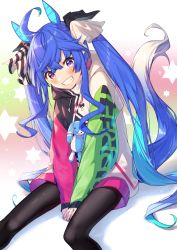 Rule 34 | 1girl, @ @, ahoge, animal ears, black pantyhose, blue eyes, blue hair, blush, grin, heterochromia, highres, horse ears, horse girl, horse tail, itohana, long hair, long sleeves, looking at viewer, pantyhose, parted lips, pink eyes, sitting, smile, solo, tail, teeth, twin turbo (umamusume), twintails, umamusume, v arms