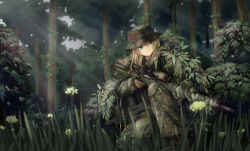 Rule 34 | 1girl, ai arctic warfare, blonde hair, bolt action, boonie hat, bush, camouflage, flower, forest, germany, ghillie suit, grass, green eyes, gun, h&amp;k mp7, hat, heckler &amp; koch, highres, leaf, light rays, long hair, machine pistol, military, military uniform, nature, original, personal defense weapon, rifle, scope, sniper, sniper rifle, soldier, solo, submachine gun, sunlight, tanto (tc1995), tc1995, tree, uniform, weapon