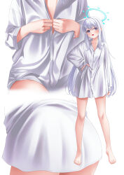 Rule 34 | 1girl, absurdres, ass, barefoot, blue archive, blue halo, blush, buttons, collarbone, collared shirt, grey hair, halo, hand on own hip, highres, long hair, long sleeves, looking at viewer, miyako (blue archive), multiple views, open mouth, purple eyes, shira jun, shirt, simple background, smile, toes, white background, white shirt