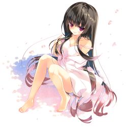 Rule 34 | 1girl, arikawa satoru, bare legs, bare shoulders, barefoot, black hair, blush, cherry blossoms, collarbone, commentary request, dress, from above, holding, holding own hair, long hair, looking at viewer, looking up, off shoulder, original, red eyes, sitting, smile, solo, strap slip, very long hair, white dress