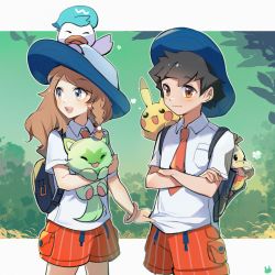 Rule 34 | 1boy, 1girl, :d, ash ketchum, backpack, bag, blue headwear, bracelet, braid, brown eyes, brown hair, closed mouth, collared shirt, commentary request, creatures (company), crossed arms, fuecoco, game freak, gen 1 pokemon, grey eyes, hat, highres, holding, holding pokemon, jewelry, long hair, necktie, nintendo, open mouth, orange necktie, orange shorts, pikachu, podayo po, pokemon, pokemon (anime), pokemon (creature), pokemon sv, pokemon xy (anime), quaxly, serena (pokemon), shirt, shirt tug, short hair, short sleeves, shorts, smile, sprigatito, teeth, tongue, upper teeth only, white shirt
