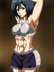 abs breasts female_focus looking_at_viewer medium_breasts midriff mikasa_ackerman muscular muscular_female open_mouth shingeki_no_kyojin shiny_skin shorts solo sports_bra teamtgs white_sports_bra