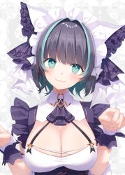 Rule 34 | 1girl, :3, aqua eyes, azur lane, bad id, bad pixiv id, black dress, black ribbon, blue hair, blush, bow, breasts, center opening, chacha rw, cheshire (azur lane), cleavage, closed mouth, commentary, dress, frilled bow, frilled dress, frills, grey background, hair bow, head tilt, large breasts, light blue hair, looking at viewer, maid headdress, multicolored hair, neck ribbon, patterned background, paw pose, ribbon, short hair, sleeveless, sleeveless dress, smile, solo, streaked hair, two-tone hair, upper body, white background, wing collar, wrist cuffs