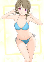 1girl :p absurdres asymmetrical_hair bikini blue_bikini blush bob_cut breasts brown_hair chrono_0205 closed_mouth collarbone commentary_request feet_out_of_frame fingers_to_cheeks halterneck heart highres inset_border inverted_bob looking_at_viewer love_live! love_live!_nijigasaki_high_school_idol_club nakasu_kasumi outside_border pink_eyes sagara_mayu short_hair side-tie_bikini_bottom simple_background small_breasts smile solo split_mouth standing string_bikini swimsuit thigh_gap tongue tongue_out voice_actor_connection yellow_background