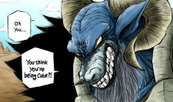 Rule 34 | 1boy, artist request, beard, blue skin, blue sky, clenched teeth, colored skin, dragon ball, dragon ball super, evil grin, evil smile, facial hair, fur, grin, horns, looking to the side, moro (dragon ball), muscular, no humans, pointy ears, red eyes, sharp teeth, sky, smile, solo, teeth, upper body