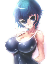 Rule 34 | 1girl, arms behind back, atlus, bare shoulders, blue eyes, blue hair, blush, breasts, cleavage, competition school swimsuit, competition swimsuit, covered erect nipples, hip focus, huge breasts, impossible clothes, large breasts, looking at viewer, lowres, matching hair/eyes, navel, one-piece swimsuit, persona, persona 4, sakurasawa yukino, school swimsuit, shirogane naoto, short hair, solo, standing, swimsuit, tight clothes