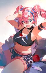 Rule 34 | 1girl, apple, arm up, armpits, belt, black choker, black shorts, blue eyes, blue hair, breasts, character request, choker, cleavage, collarbone, commentary, drill hair, fang, food, fruit, hair between eyes, highres, ierotak, looking at viewer, medium breasts, midriff, multicolored hair, navel, pink belt, pink hair, resonance solstice, short shorts, shorts, sitting, solo, streaked hair, tea, tears, thighs, twin drills, twintails, twitter username, yawning