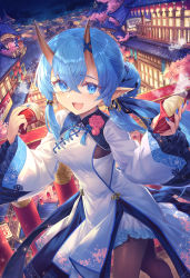 Rule 34 | 1girl, :d, absurdres, architecture, baozi, blue eyes, blue hair, brown pantyhose, china dress, chinese clothes, dress, earrings, east asian architecture, fang, flower, food, highres, holding, jewelry, long hair, long sleeves, looking at viewer, night, open mouth, original, outdoors, pantyhose, pink flower, pointy ears, shichigatsu, skin fang, smile, solo, standing, white dress