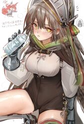 Rule 34 | 1girl, absurdres, arknights, black cape, black shorts, blush, bottle, breasts, bright pupils, brown hair, cape, chibi, chibi inset, fartooth (arknights), feather hair, flametail (arknights), gloves, hair between eyes, hat, high-waist shorts, highres, holding, holding bottle, kaguura (kagu), large breasts, long hair, long sleeves, looking at viewer, shirt, short shorts, shorts, solo, squatting, sweat, thighs, water bottle, white background, white pupils, white shirt, yellow eyes