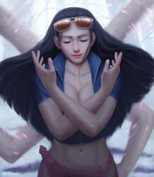 Rule 34 | 1girl, absurdres, artist name, black hair, bloongzz, closed eyes, closed mouth, collarbone, extra arms, eyewear on head, hana hana no mi, highres, long hair, midriff, navel, nico robin, one piece, realistic, smile, solo, sunglasses