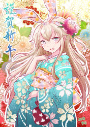 Rule 34 | 1girl, alternate costume, blonde hair, blue kimono, commentary request, floral print, fuji (pixiv24804665), gradient kimono, grey eyes, hairband, highres, japanese clothes, kantai collection, kimono, long hair, looking at viewer, new year, open mouth, pink hairband, round teeth, shimakaze (kancolle), smile, solo, teeth, upper teeth only
