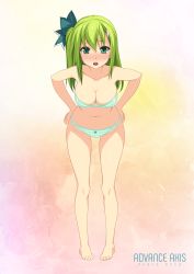 Rule 34 | 1girl, absurdres, bare legs, barefoot, beatmania, beatmania iidx, blush, bow, bra, breasts, collarbone, full body, green bra, green eyes, green hair, green panties, hair bow, hair ornament, hairclip, hands on own hips, highres, kinoshita ichi, kitami erika, long hair, looking at viewer, medium breasts, navel, non-web source, one side up, open mouth, panties, pigeon-toed, solo, standing, striped bra, striped clothes, striped panties, underwear, underwear only