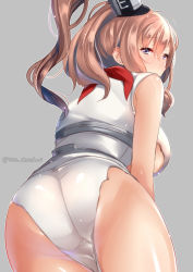 Rule 34 | 10s, 1girl, ass, bad id, bad pixiv id, breasts, brown hair, juurouta, kantai collection, large breasts, long hair, looking back, neckerchief, panties, ponytail, red neckerchief, saratoga (kancolle), side ponytail, solo, torn clothes, twitter username, underwear