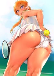 Rule 34 | 1girl, absurdres, arm behind back, armpits, ass, ass focus, ball, blonde hair, blue eyes, blush, breasts, breath, colored skin, crossed bangs, fang, flying sweatdrops, from behind, from below, heavy breathing, highres, hinnyuu-chan (iku), huge ass, ikuchan kaoru, kneepits, legs, long hair, looking at viewer, looking back, lower body, multicolored skin, open mouth, original, panties, partially visible vulva, racket, sidelocks, small breasts, smile, solo, solo focus, sportswear, standing, sweat, sweatdrop, tennis, tennis ball, tennis court, tennis racket, tennis uniform, thick thighs, thighs, trefoil, twintails, underwear, upskirt, white panties
