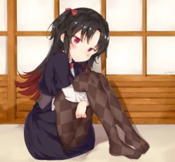 Rule 34 | 10s, 1girl, argyle, argyle clothes, argyle legwear, black hair, black jacket, black skirt, blush, bow, brown pantyhose, brown vest, closed mouth, commentary request, feet, full body, gradient hair, hair bow, head tilt, highres, hugging own legs, jacket, layered sleeves, long hair, long sleeves, looking at viewer, looking to the side, multicolored hair, no shoes, one side up, pantyhose, purple eyes, red bow, red eyes, ryuuou no oshigoto!, shirt, short over long sleeves, short sleeves, sidelocks, sitting, skirt, solo, thighs, tosaka teru, twitter username, very long hair, vest, white shirt, yashajin ai