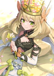 Rule 34 | 1girl, bare shoulders, blonde hair, breasts, celine (fire emblem), cleavage, commentary request, crown, dress, fire emblem, fire emblem engage, flower, gonzarez, green eyes, hat, highres, holding, holding flower, long hair, looking at viewer, medium breasts, nintendo, smile, solo, very long hair